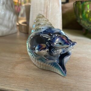 VINTAGE | Dolphins Blue Iridescent Shell Lusterware Nautical Ceramic Figurine
